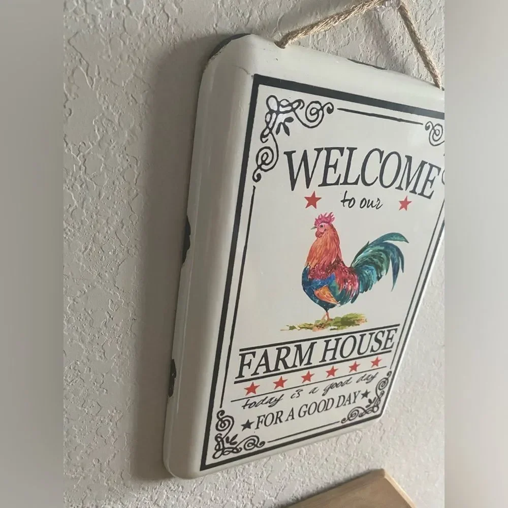 Welcome to Our Farmhouse Distressed Metal White Sign Rope Hanger Wall Decor 12x8